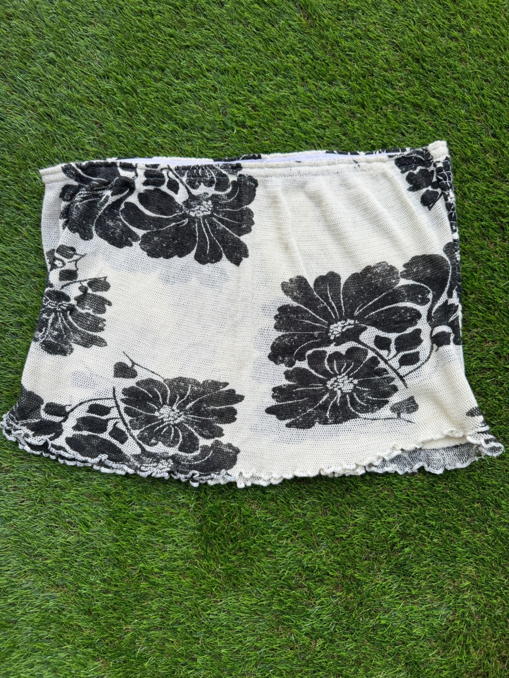 Free People Black & White Floral Knit Mini Top with Scalloped Edges